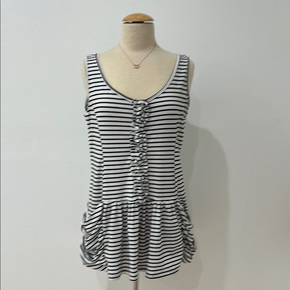 Striped Sleeveless Mini Dress or Tunic with Ruffle Detail and Zip back